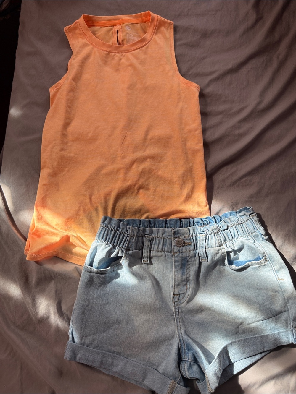 Girls' Bright Orange Tank Top with Light Denim Shorts Set